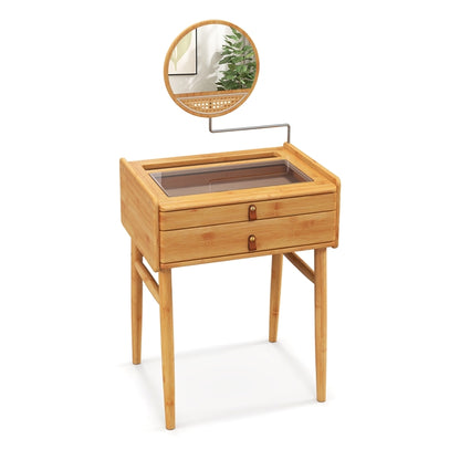 Makeup Vanity Table with Mirror, Bamboo Dressing Table with 2 Storage Drawers and Tempered Glass Table Top