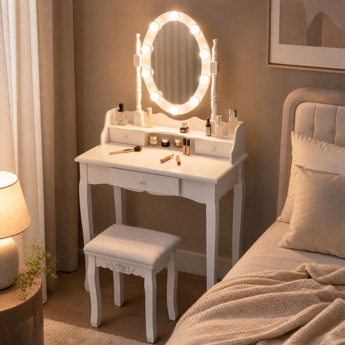 Vanity Table Set with Rotatable Mirror, Makeup Vanity Desk with 3-Color Dimmable LED Lights