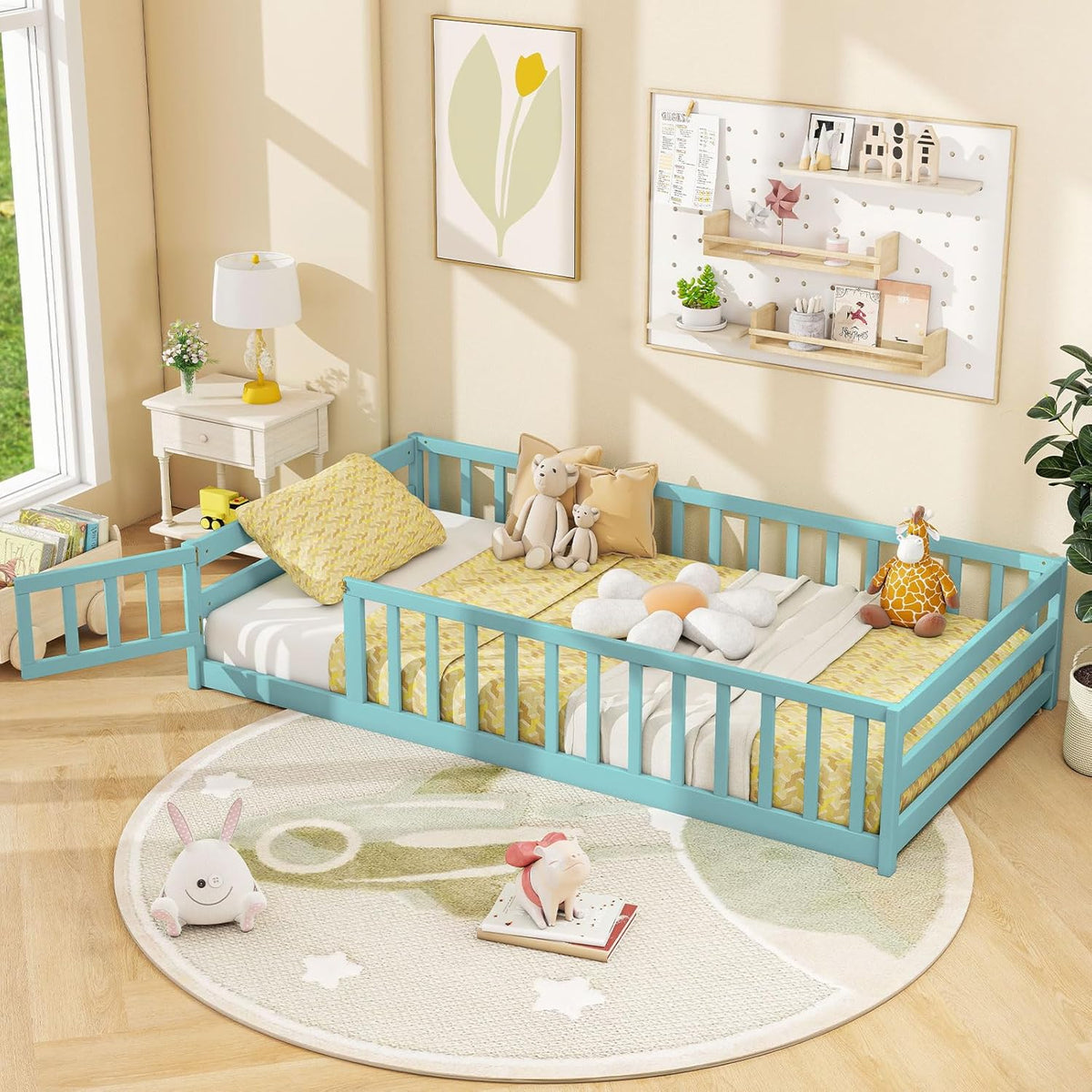 Goflame Floor Bed with Door & Fence Kids Wood Montessori Beds with Safety Guardrails