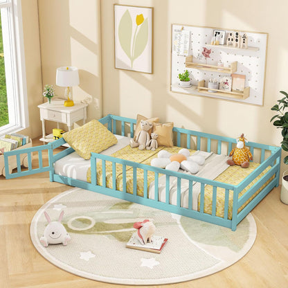 Goflame Floor Bed with Door & Fence Kids Wood Montessori Beds with Safety Guardrails