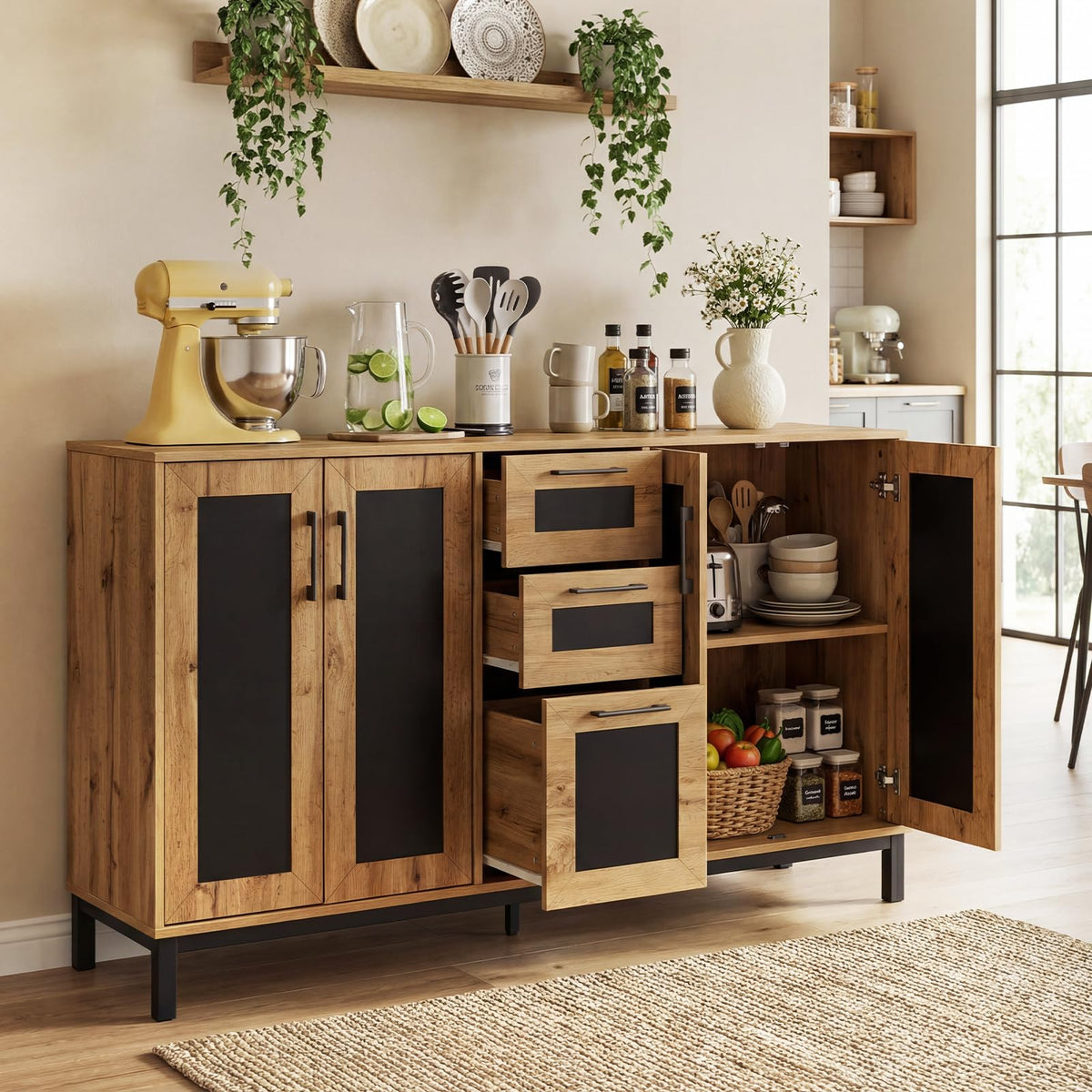 Goflame 63” Sideboard Buffet Cabinet with 3 Drawers & Storage Shelves
