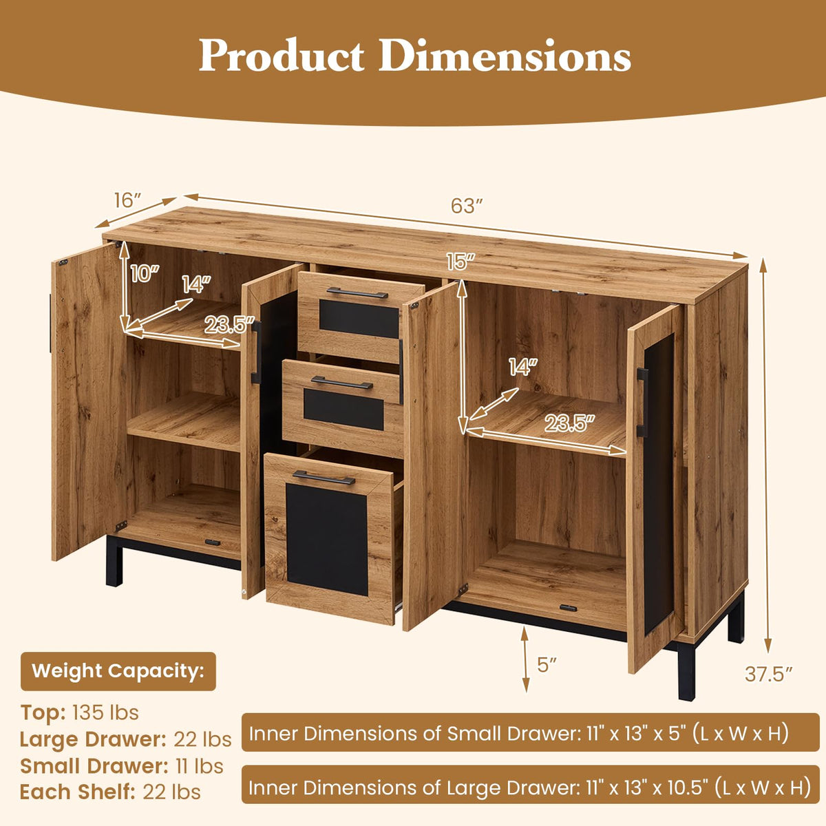 Goflame 63” Sideboard Buffet Cabinet with 3 Drawers & Storage Shelves