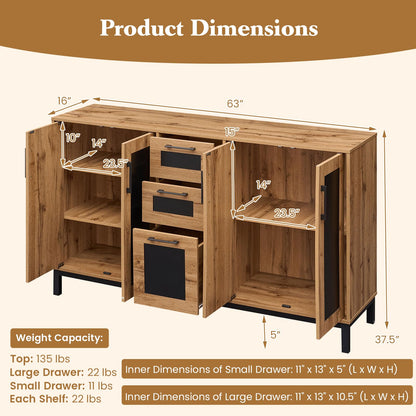Goflame 63” Sideboard Buffet Cabinet with 3 Drawers & Storage Shelves