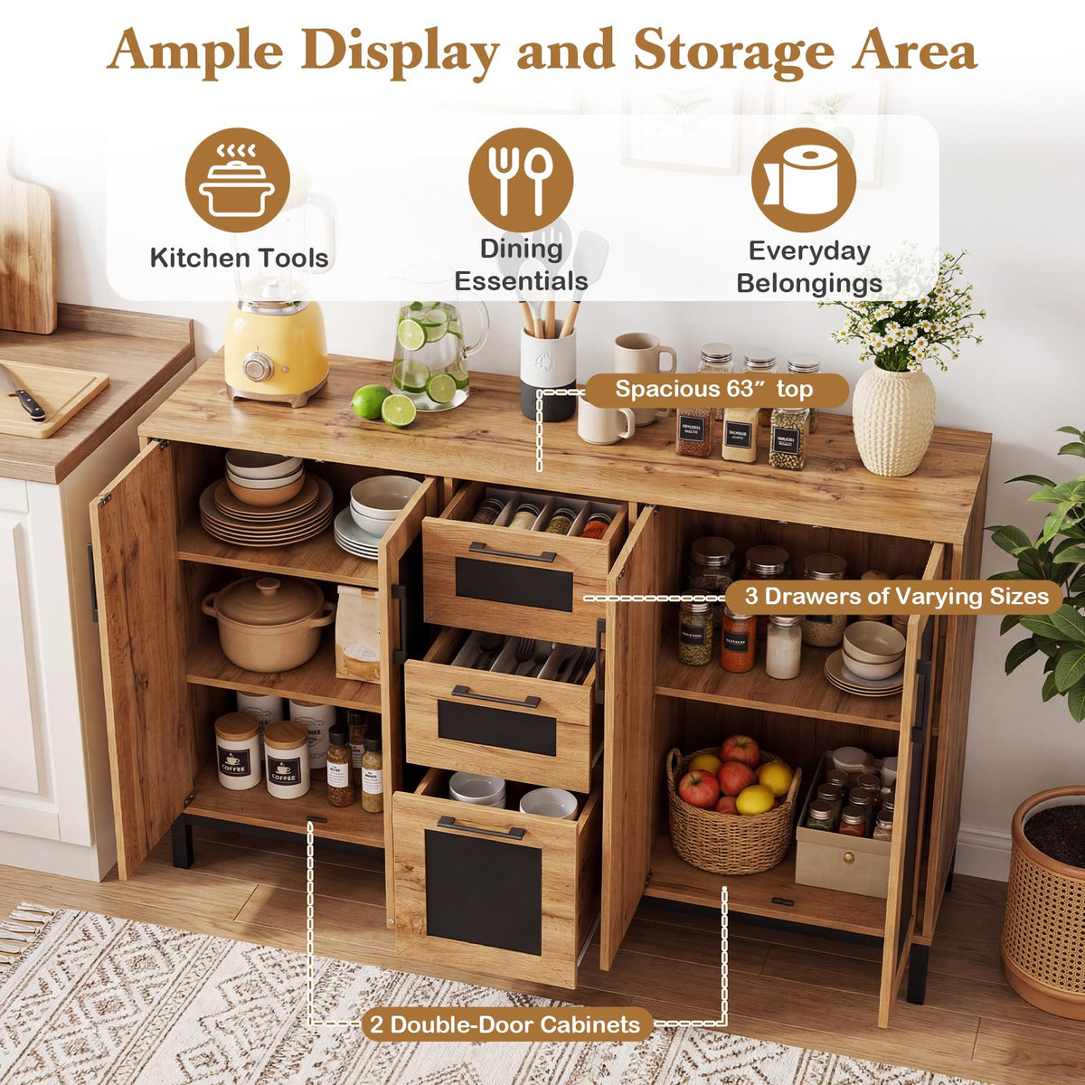 Goflame 63” Sideboard Buffet Cabinet with 3 Drawers & Storage Shelves