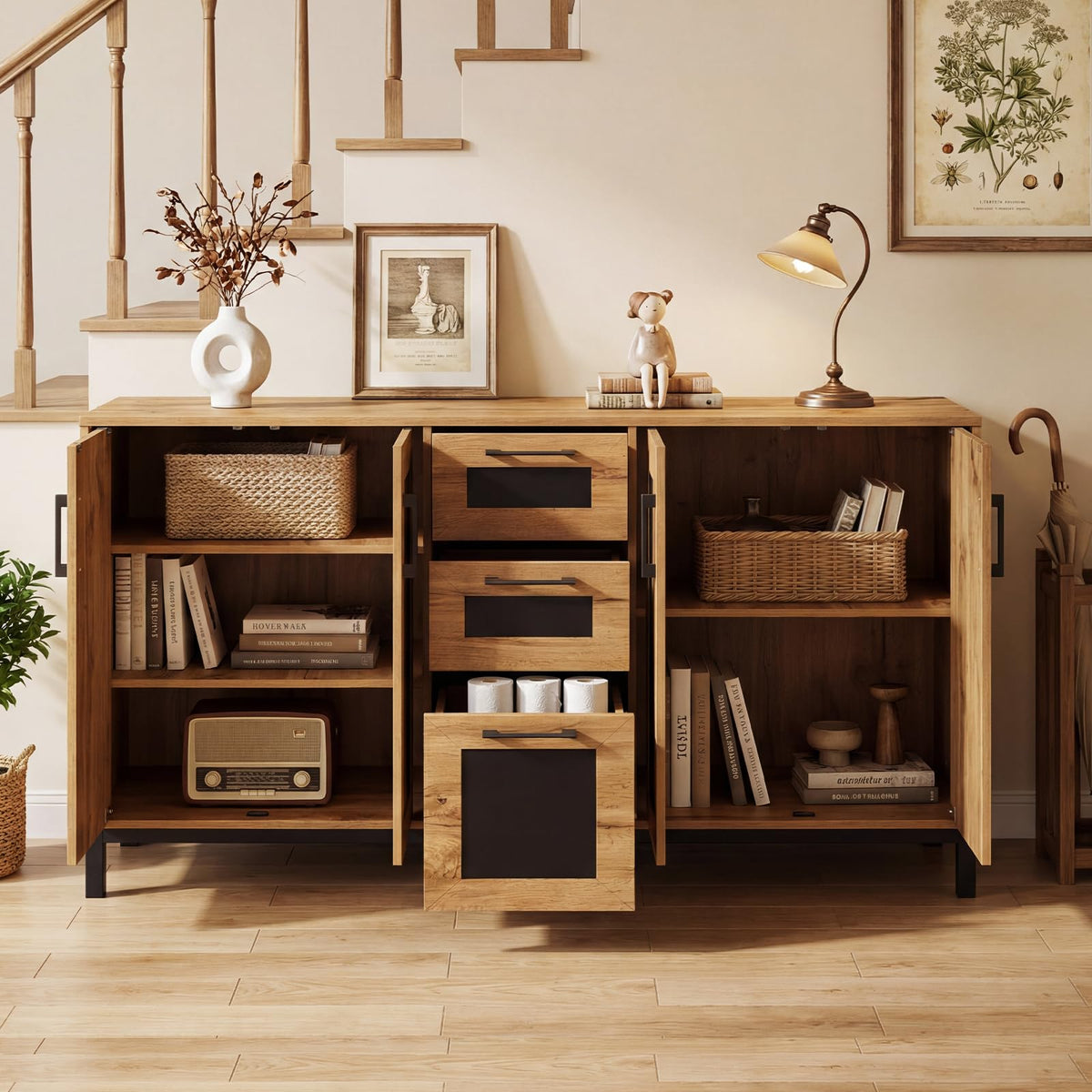 Goflame 63” Sideboard Buffet Cabinet with 3 Drawers & Storage Shelves