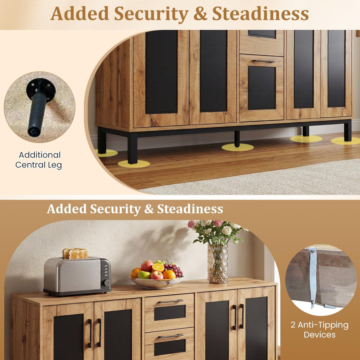 Goflame 63” Sideboard Buffet Cabinet with 3 Drawers & Storage Shelves