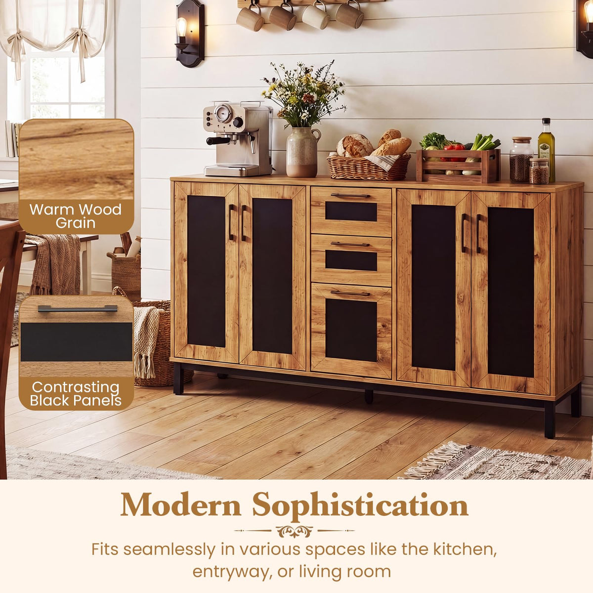 Goflame 63” Sideboard Buffet Cabinet with 3 Drawers & Storage Shelves