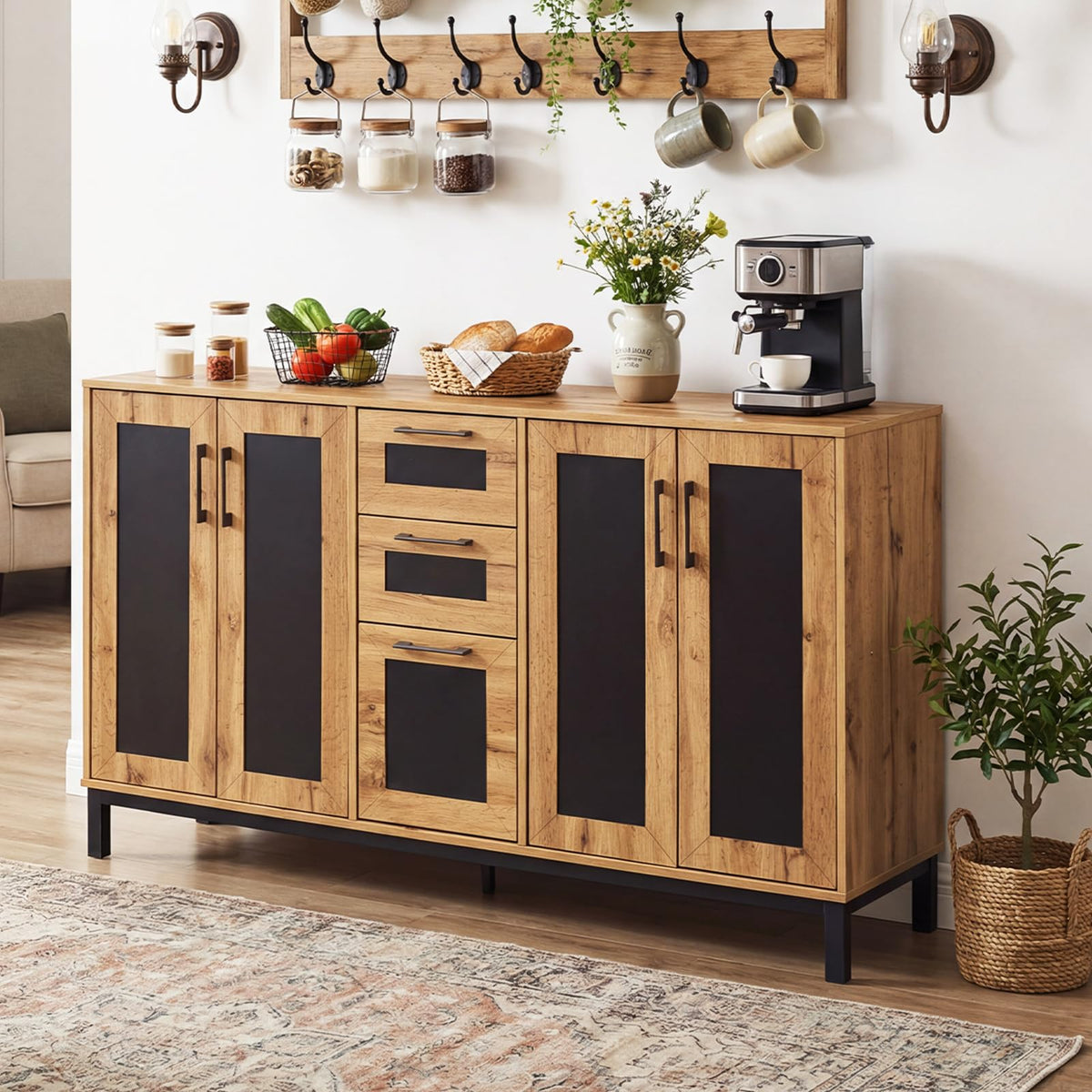 Goflame 63” Sideboard Buffet Cabinet with 3 Drawers & Storage Shelves