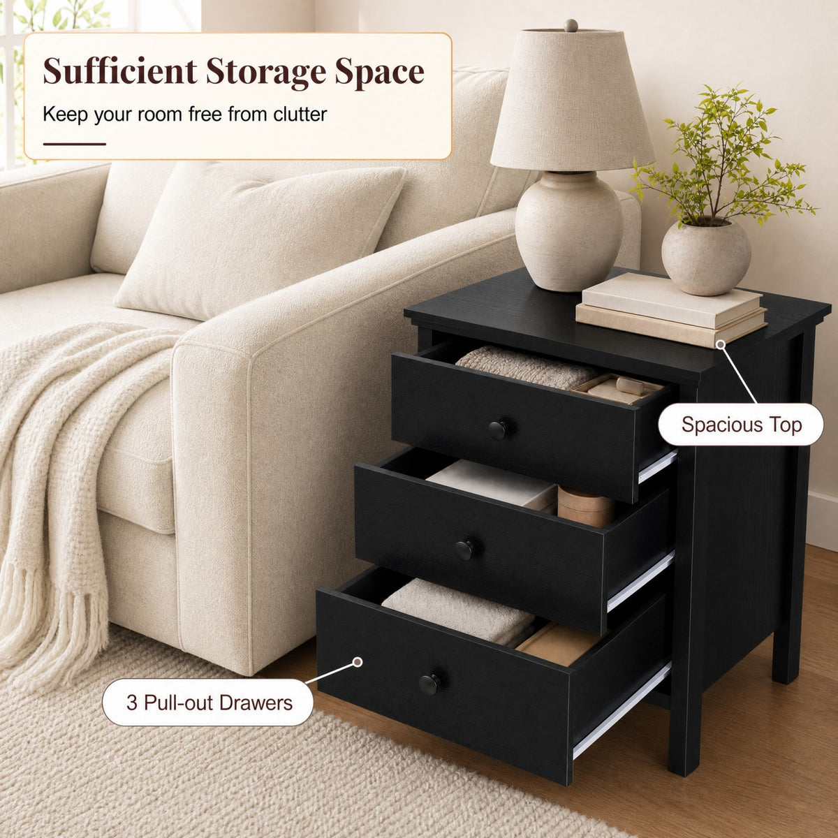 Goflame Modern 3-Drawer Nightstand Wooden Bedside Table