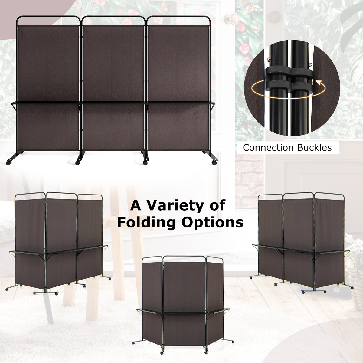 3 Panel Room Divider with Storage Shelves, 6FT Folding Privacy Screen with Lockable Wheels