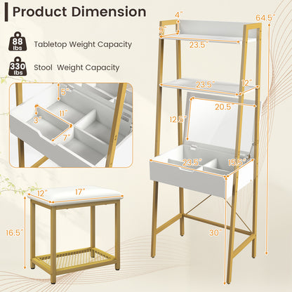 Vanity Table Set with Flip Top Mirror, Ladder Vanity Desk and Cushioned Stool Set with Shelves and Hidden Storage Compartments