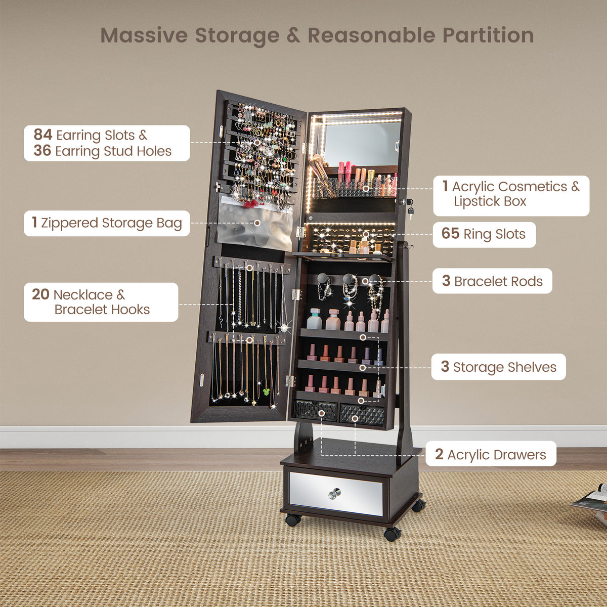Standing Jewelry Cabinet Armoire with Wheels, Lockable Jewelry Storage Organizer with Full Length Mirror