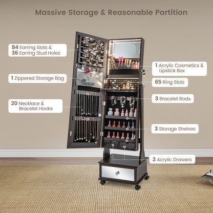 Standing Jewelry Cabinet Armoire with Wheels, Lockable Jewelry Storage Organizer with Full Length Mirror