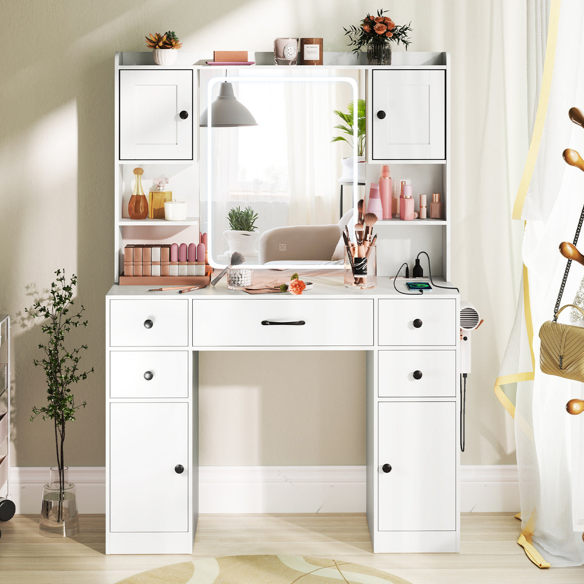 Makeup Vanity Desk with Mirror and Lights, Dressing Table with Charging Station