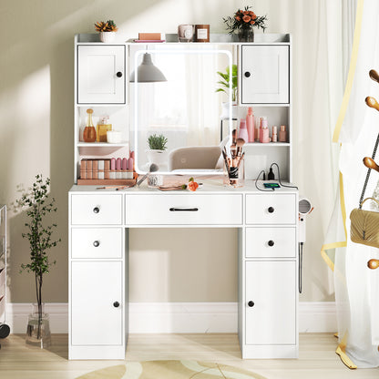 Makeup Vanity Desk with Mirror and Lights, Dressing Table with Charging Station