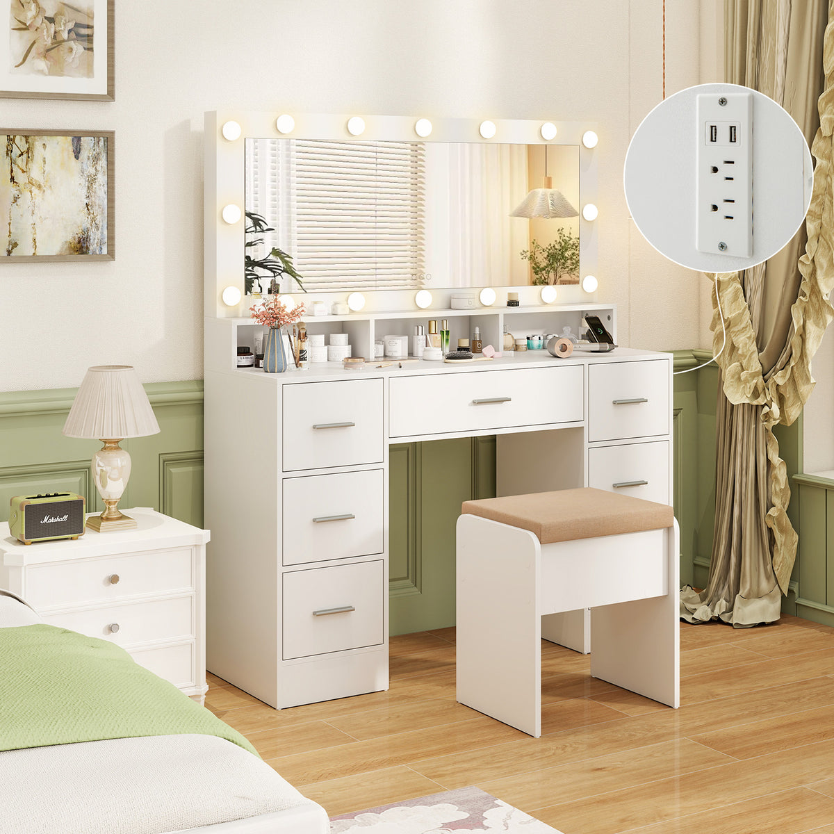 Makeup Vanity Set with Mirror and Lights, Large Dressing Table Set with Charging Station