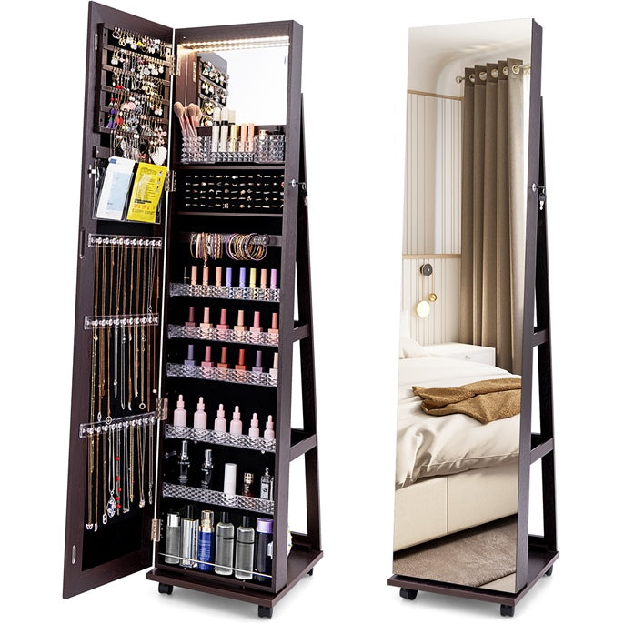 Jewelry Cabinet with Full Length Mirror, Lockable Jewelry Storage Organizer with Wheels