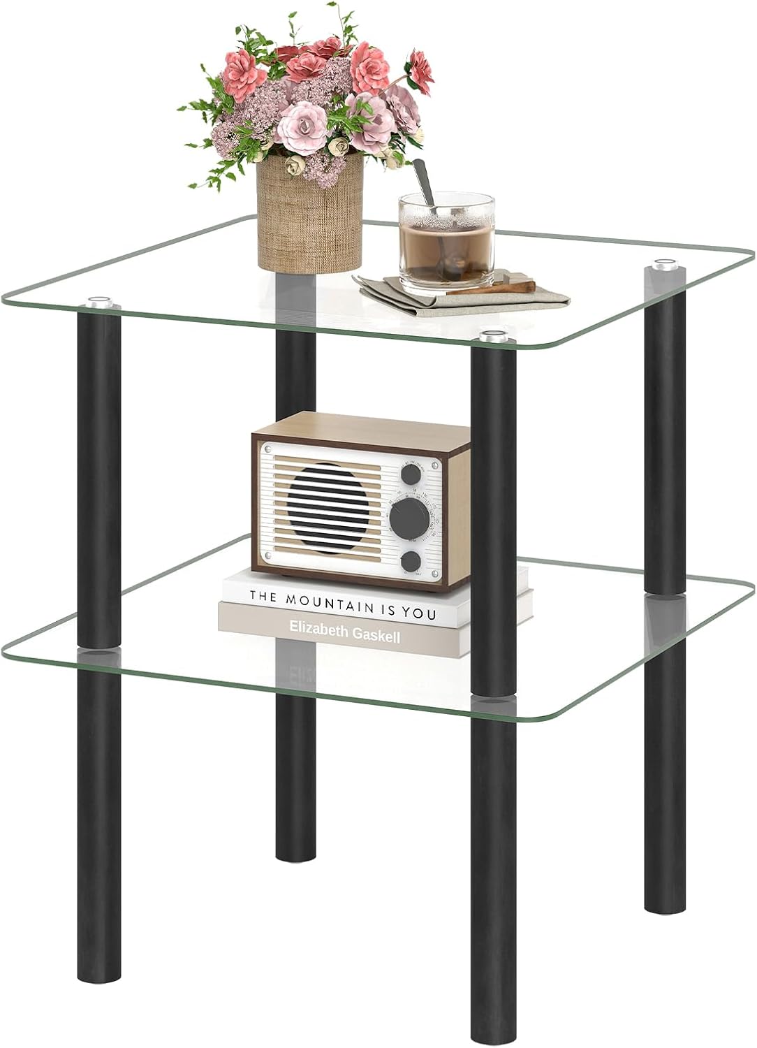 Goflame Round/Square 2-Tier Sofa Side Table with Clear Tempered Glass Top & Shelf (1/2)