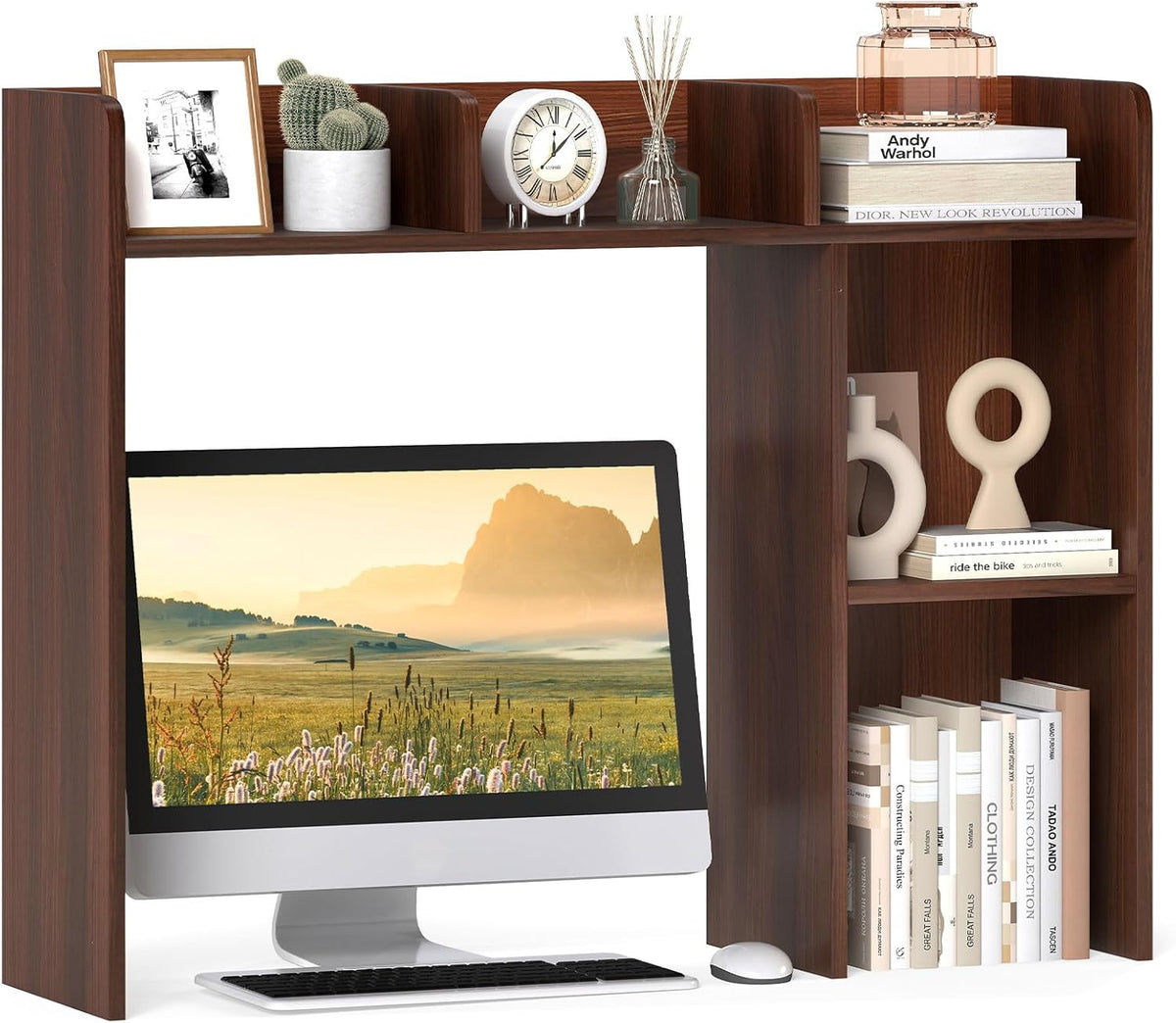 Goflame Desktop Bookshelf, Wood Desk Hutch Organizer for 27 Inch Computer Monitor