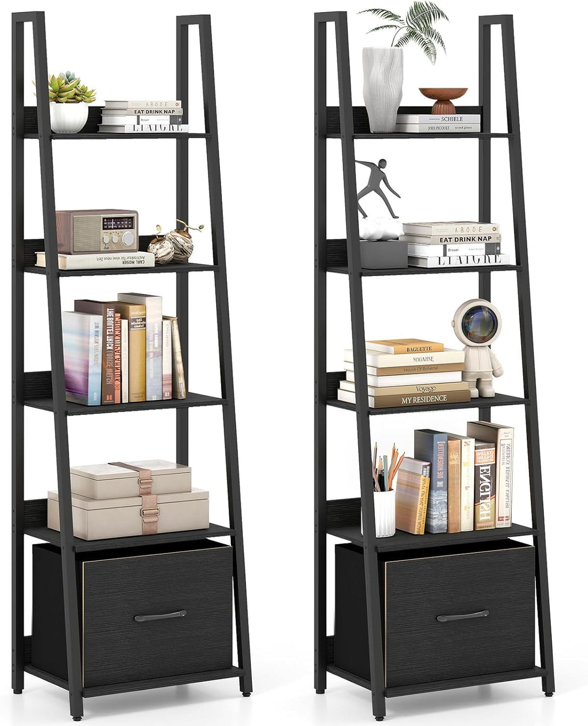 Goflame 5-Tier Industrial Ladder Bookshelf with Removable Fabric Drawer (1/2)