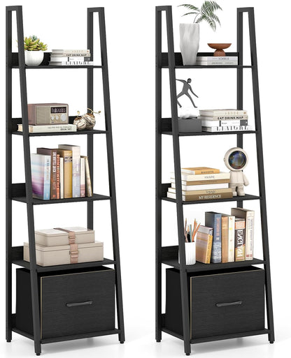 Goflame 5-Tier Industrial Ladder Bookshelf with Removable Fabric Drawer (1/2)
