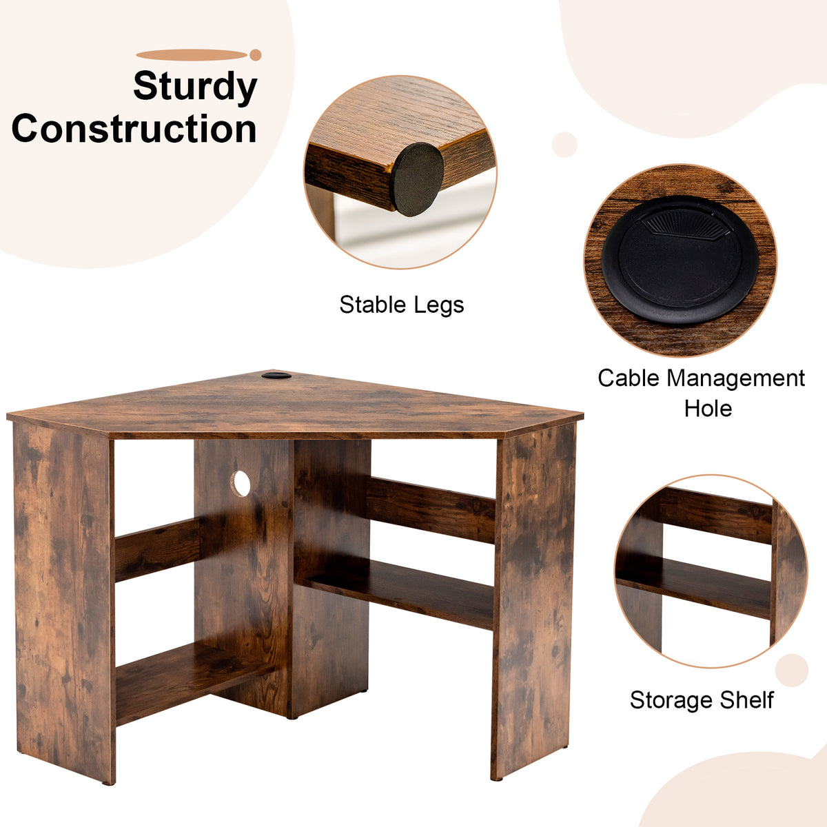 Corner Desk with Storage Shelves, Triangular Computer Desk with Cable Management Holes