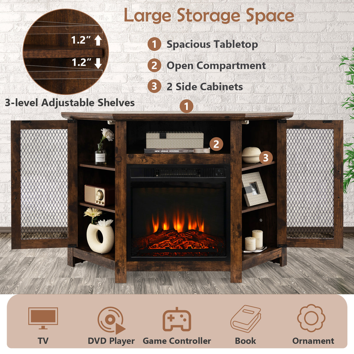 Corner Fireplace TV Stand with LED Lights for TVs up to 50”, Modern Entertainment Center with Electric Fireplace