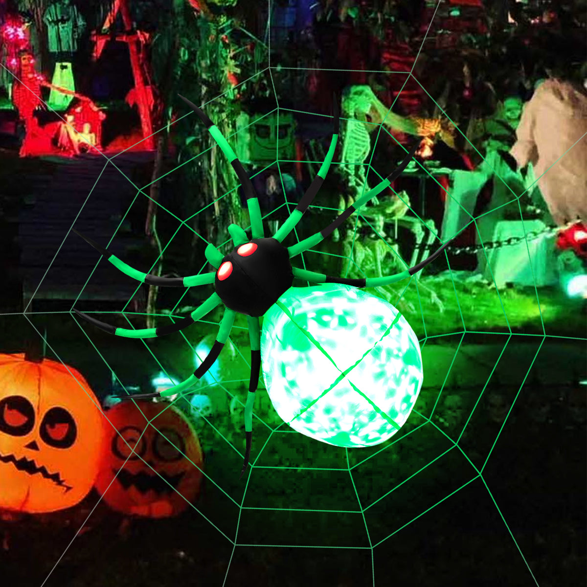 Halloween Inflatable Spider with Web, 5FT Blow Up Yard Decoration with Colorful Magic Light