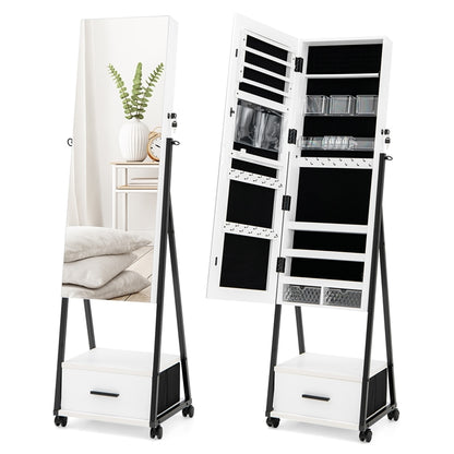 Rolling Jewelry Armoire Cabinet, Full Length Mirror with Storage, Floor Standing Lockable Jewelry Cabinet with Wheels
