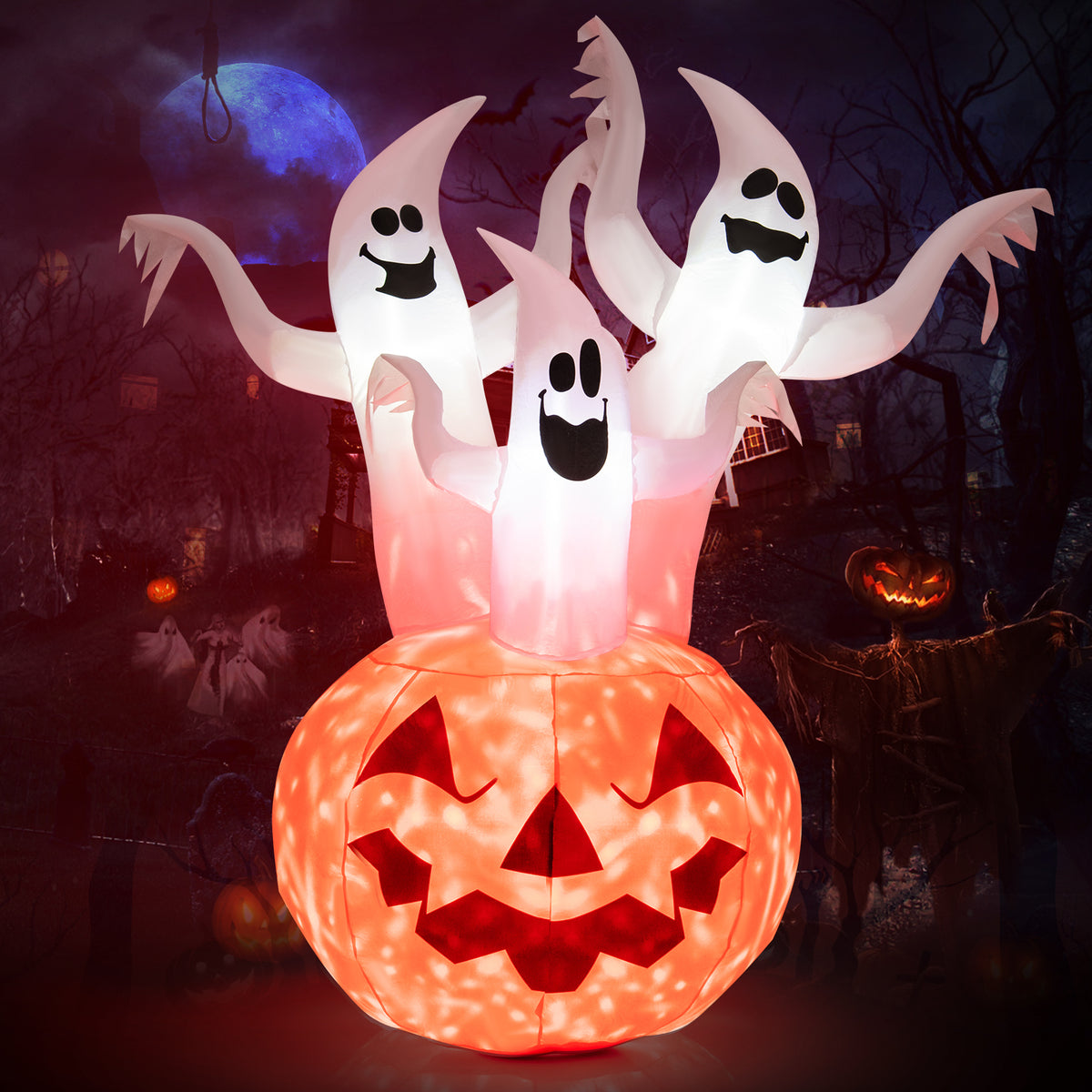 6FT Halloween Inflatable 3 Ghosts in Pumpkin, Blow Up Yard Decoration with Built-in LED Lights & Blower