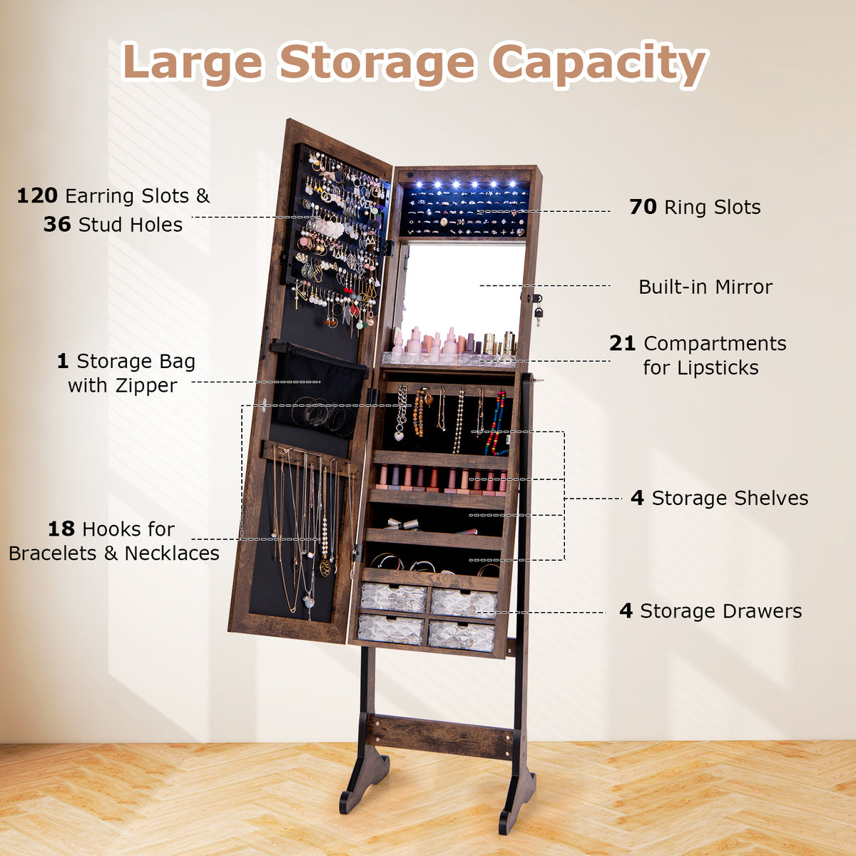 Jewelry Cabinet Freestanding, Lockable Jewelry Armoire Organizer with Full-length Frameless Mirror