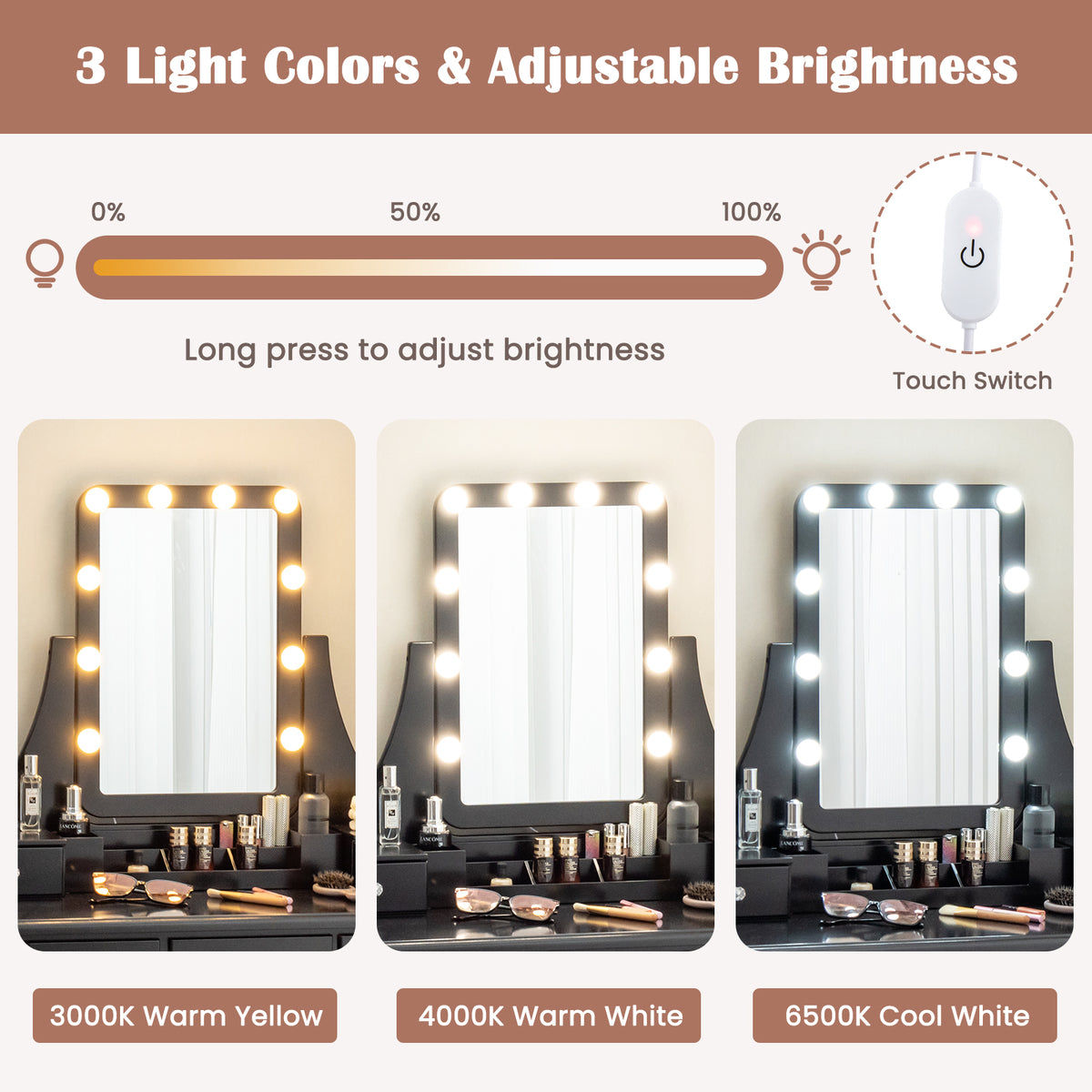 Vanity Table Set with Lighted Rotatable Mirror, Makeup Table with 3-Color Lights
