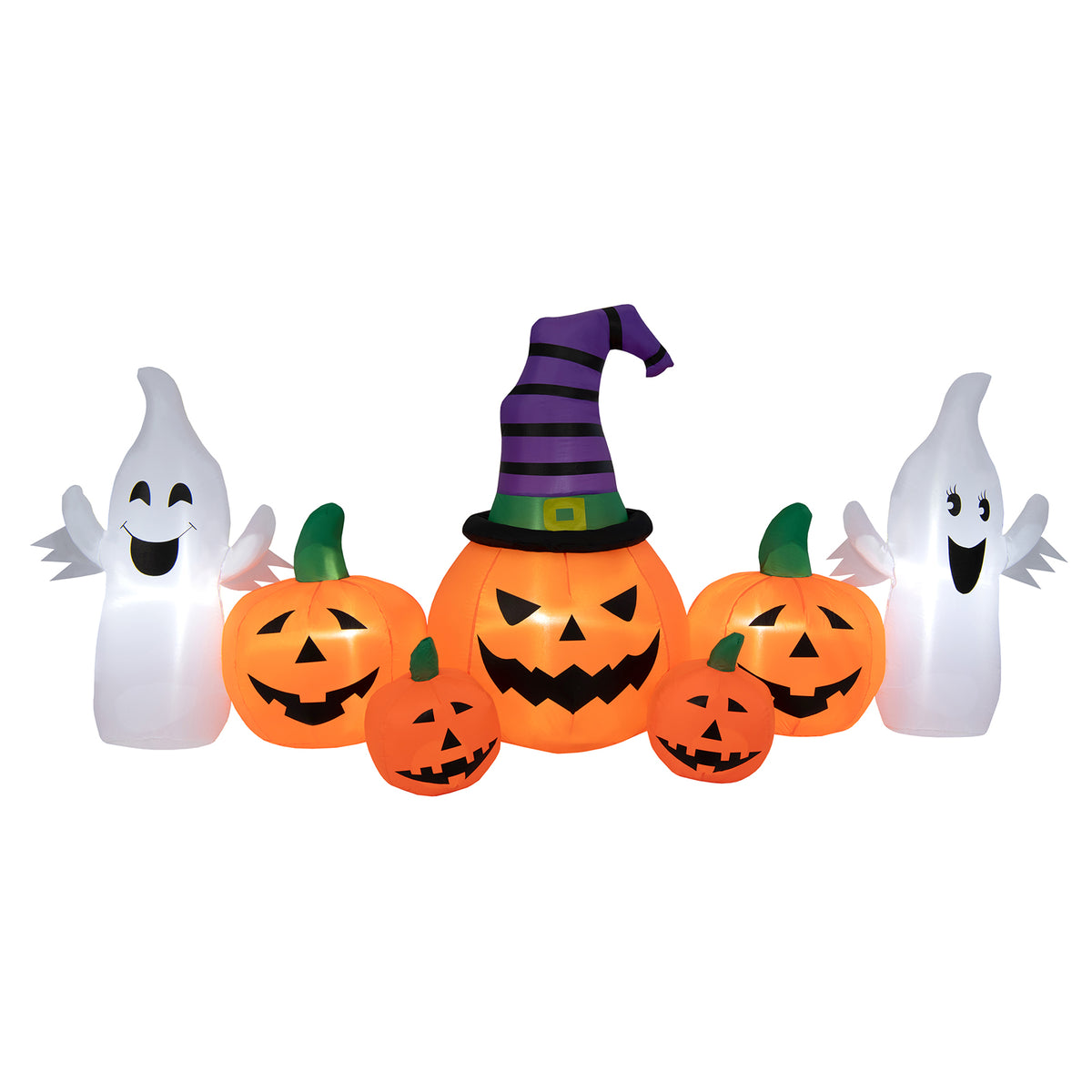 9FT Long Halloween Inflatable Pumpkin with 2 Ghosts, Blow up Yard Decoration with Built-in LED Lights