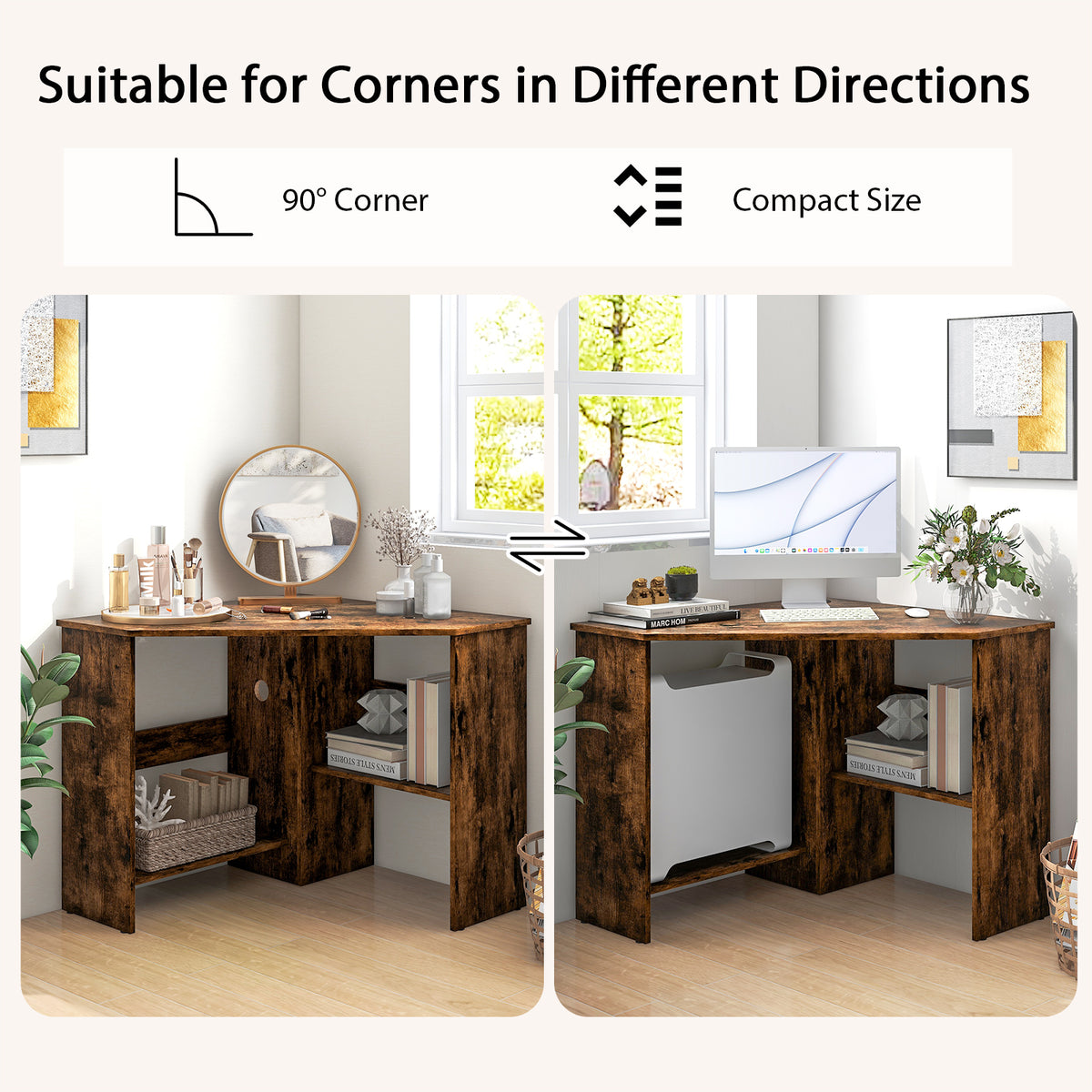 Corner Desk with Storage Shelves, Triangular Computer Desk with Cable Management Holes