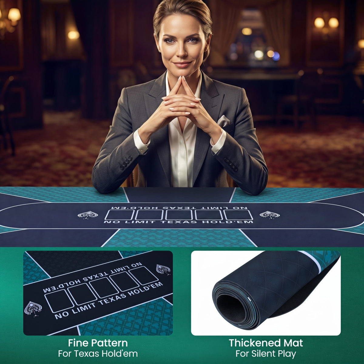 70 x 35 Inch Poker Table Mat for 10 Players, Portable Texas Hold’em Poker Table Top with Non-slip Rubber Backing