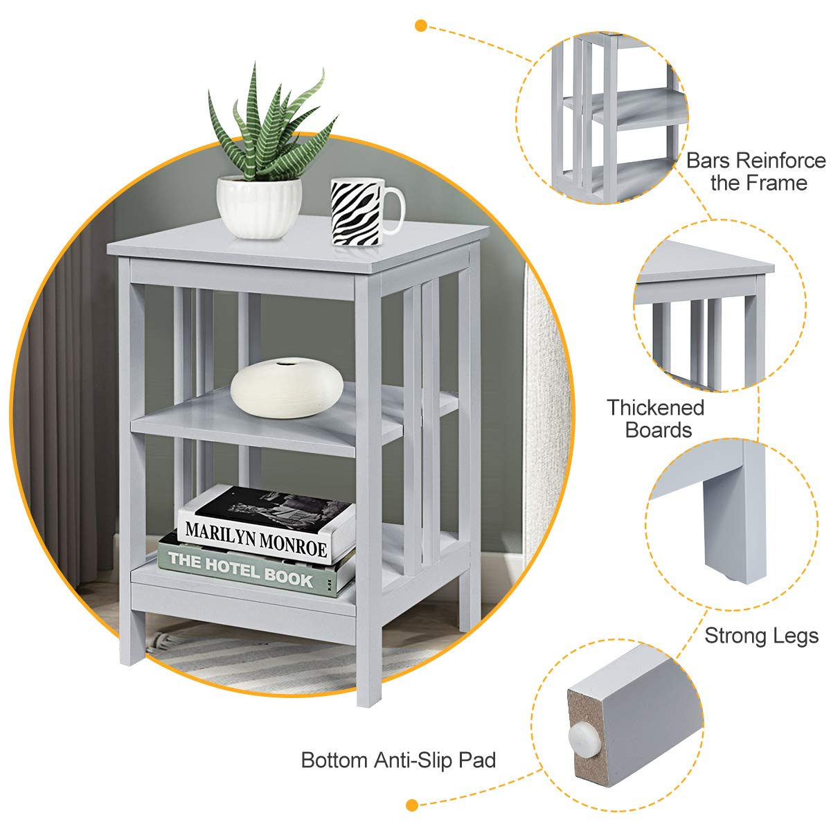 Goflame Nightstand 3-Tier Sofa Side Table W/Reinforced Bars and Stable Structure