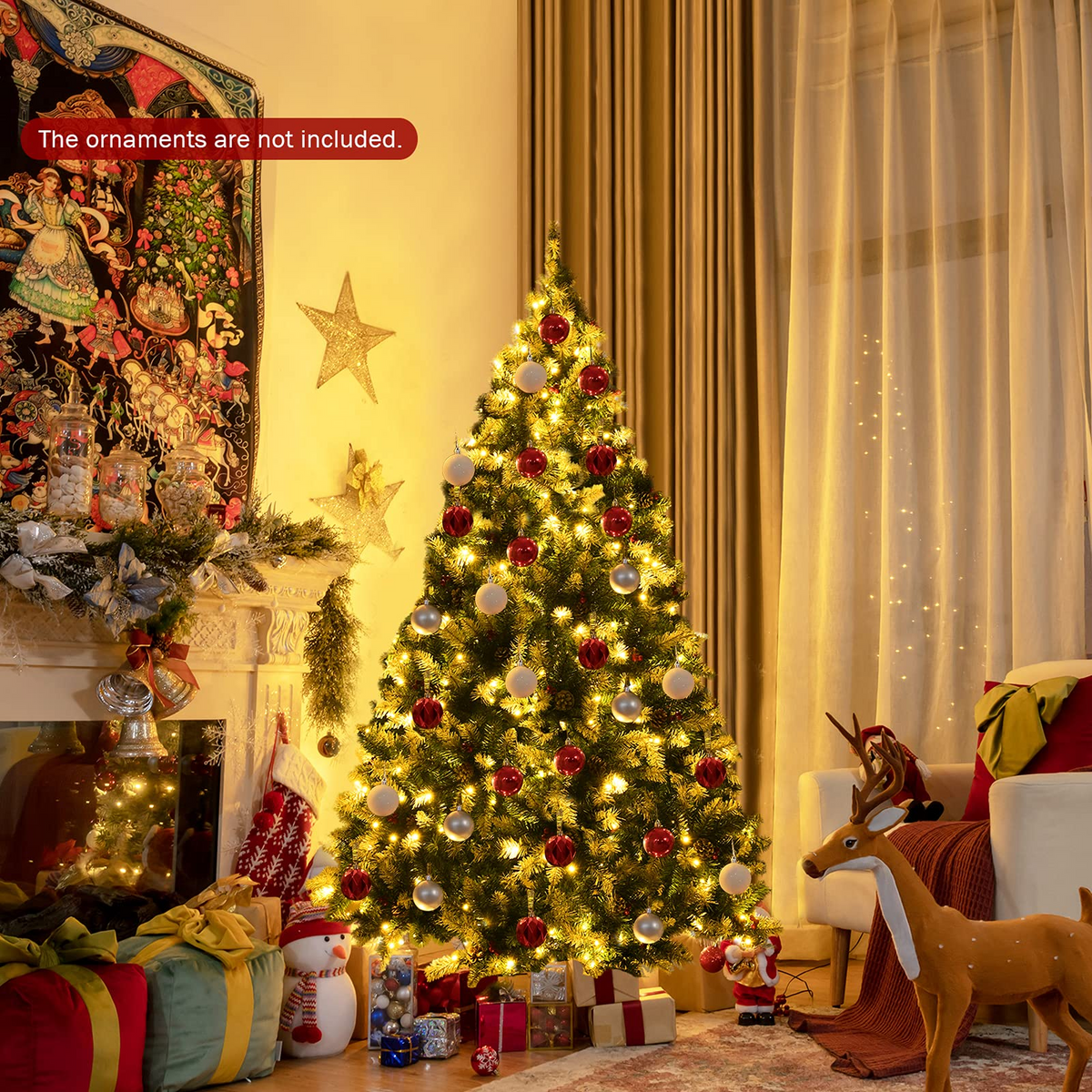 Goflame Pre-lit Snow Flocked Christmas Tree,Hinged Artificial Xmas Tree, Indoor Holiday Festival Decoration - GoflameUS