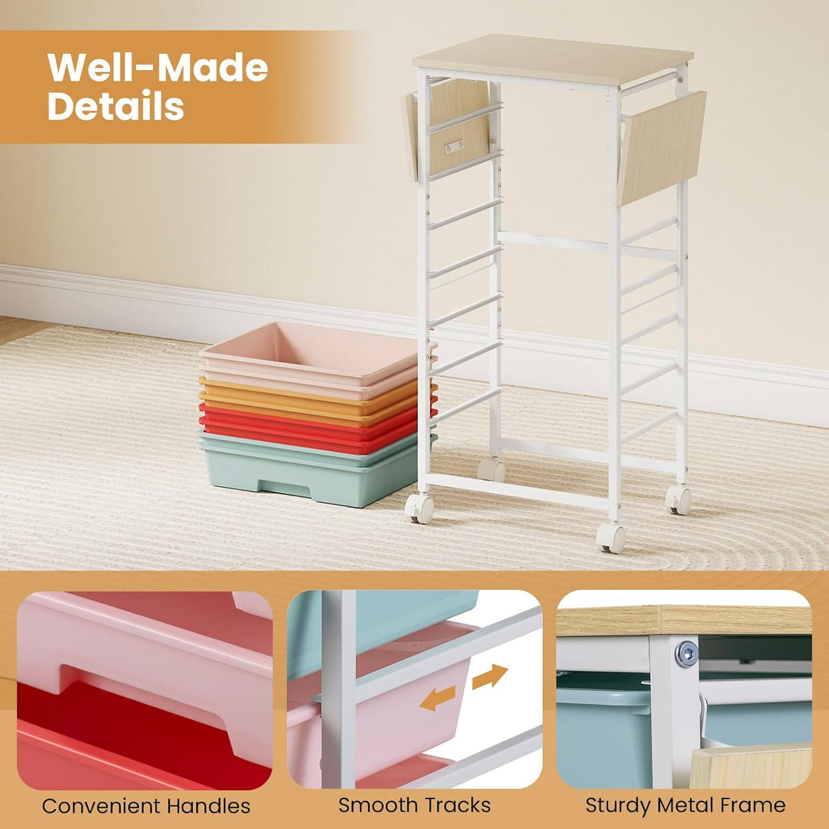 GOFLAME Rolling Storage Cart with Foldable Wooden Top