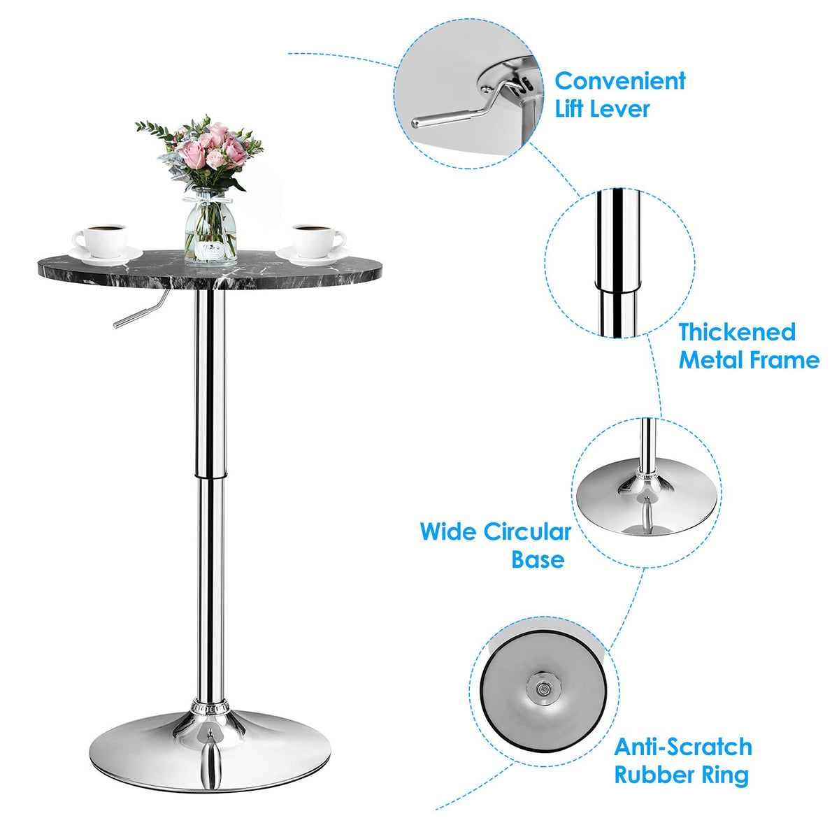 Goflame Round Pub Table Height Adjustable, 360 Degree Swivel Cocktail Pub Table, Office Bar Table