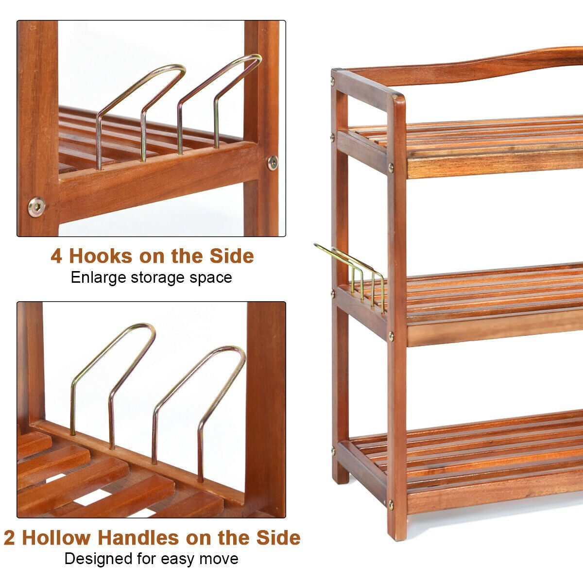 Goflame 3-Tier Wood Shoe Rack 4 Metal Side Hangers, 29"L x10.5"Wx 24.5"H