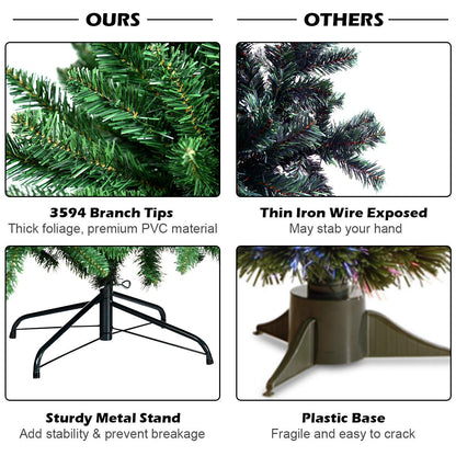 9ft Artificial Douglas Christmas Tree, Unlit Hinged Pine Tree, with 3594 Branch Tips and Solid Metal Stand - GoflameUS
