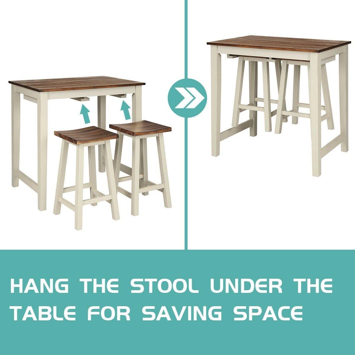 3 Piece Pub Dining Set, Counter Height Pub Table with 2 Saddle Bar Stools, Tavern Collection Table (Brown & Milky White) - Goflameus