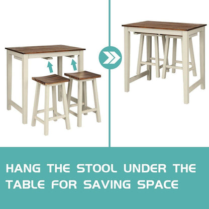 3 Piece Pub Dining Set, Counter Height Pub Table with 2 Saddle Bar Stools, Tavern Collection Table (Brown & Milky White) - Goflameus