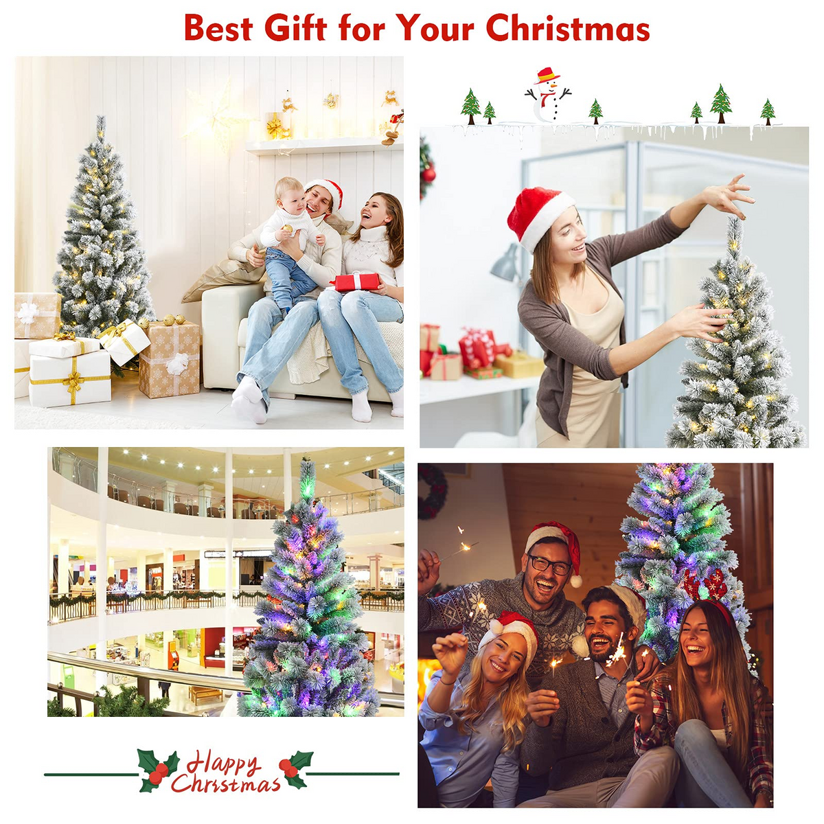 Goflame 5ft Pre-lit Snow Flocked Christmas Tree, Premium Hinged Artificial Pine Tree w/ 9 Lighting Modes & 140 Color Changing LED Lights - GoflameUS