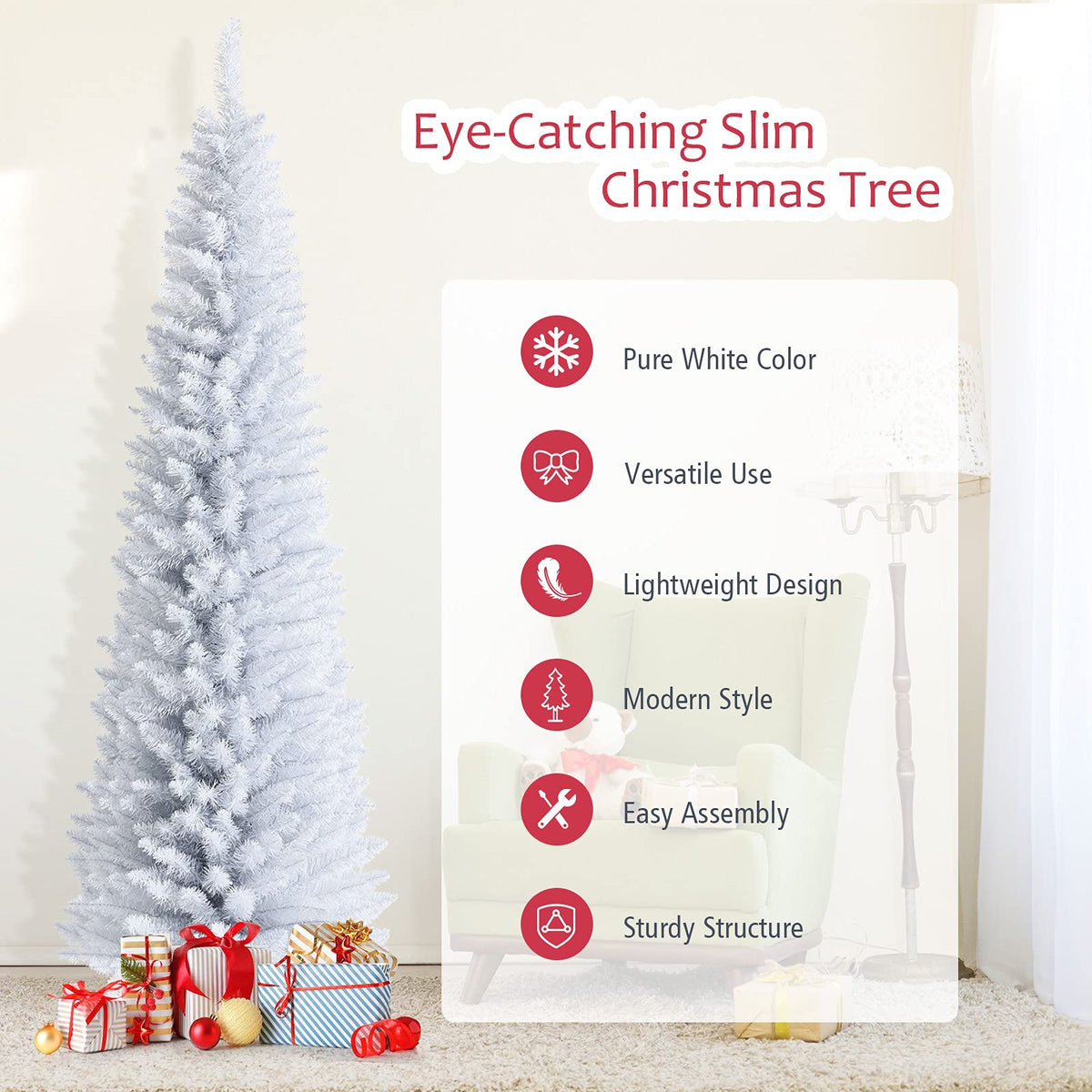 5FT / 6FT / 7FT Pencil Christmas Tree, Artificial Slim White Christmas Tree - GoflameUS
