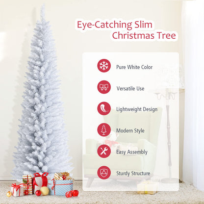 5FT / 6FT / 7FT Pencil Christmas Tree, Artificial Slim White Christmas Tree - GoflameUS