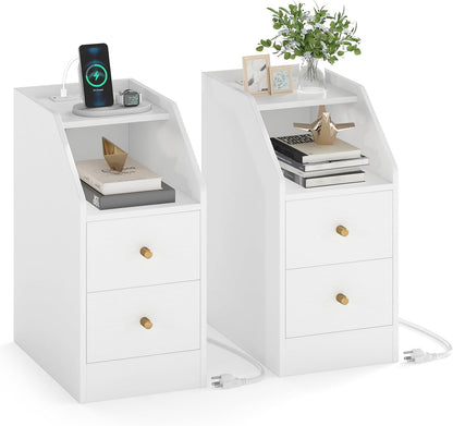 Goflame Side End Table with Charging Station Sofa Couch Table with Shelf Drawers
