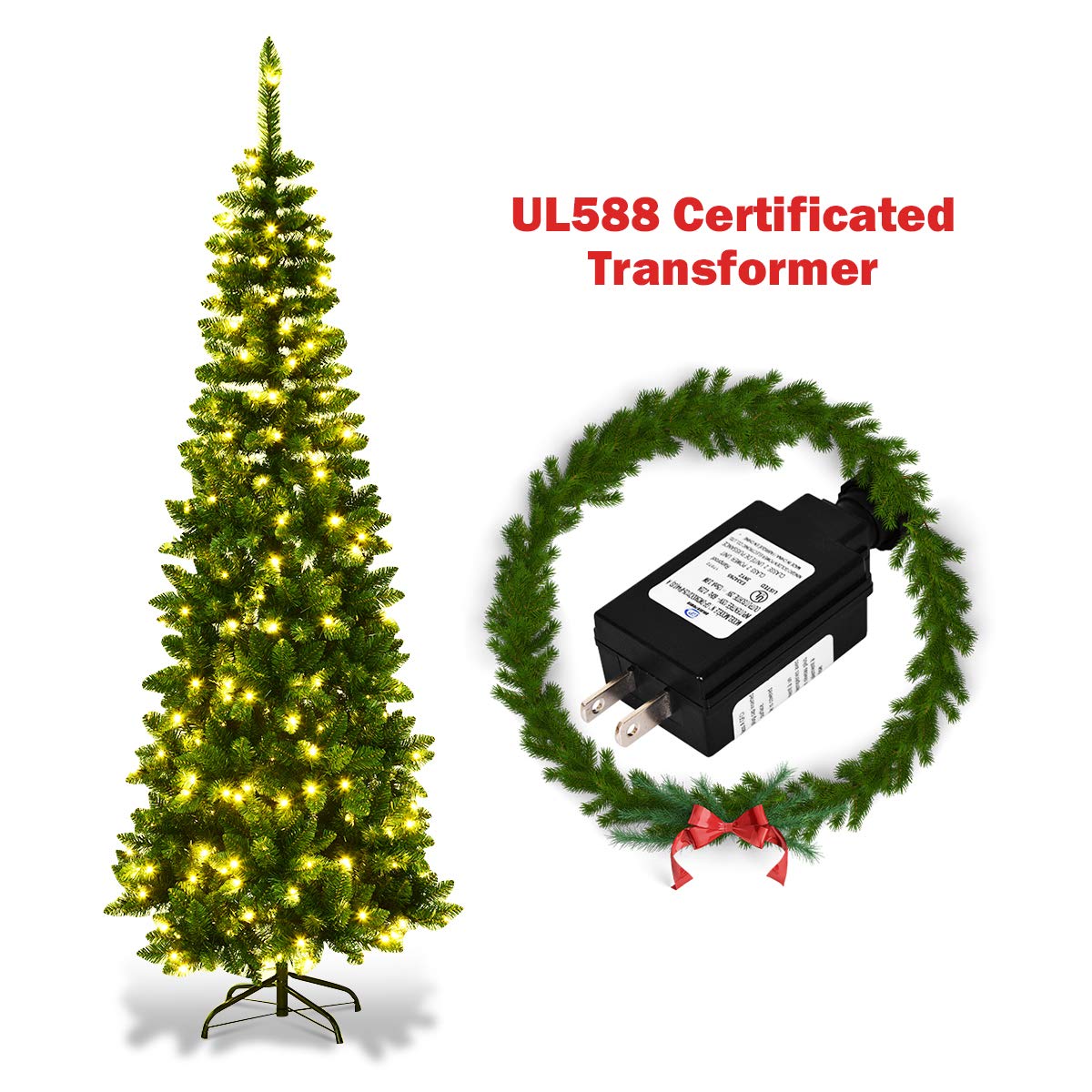 Prelit Pencil Christmas Tree, Premium Hinged Fir Tree