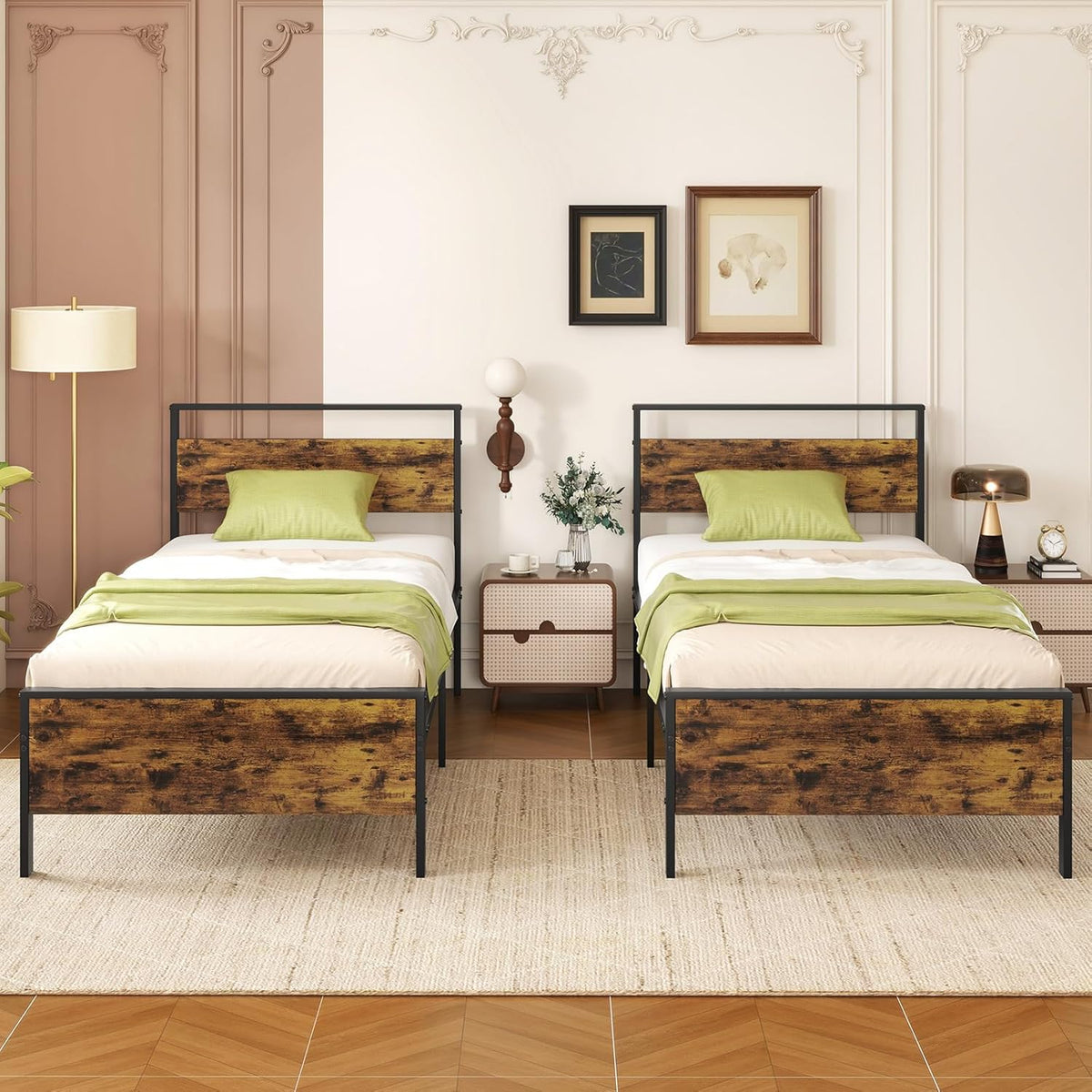 Goflame Twin Size/Full Size/King Size/Queen Metal Platform Bed Frames with Wooden Headboard & Footboard