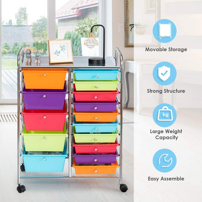 15-Drawer Organizer Cart Office School Rolling Storage Cart - Goflame